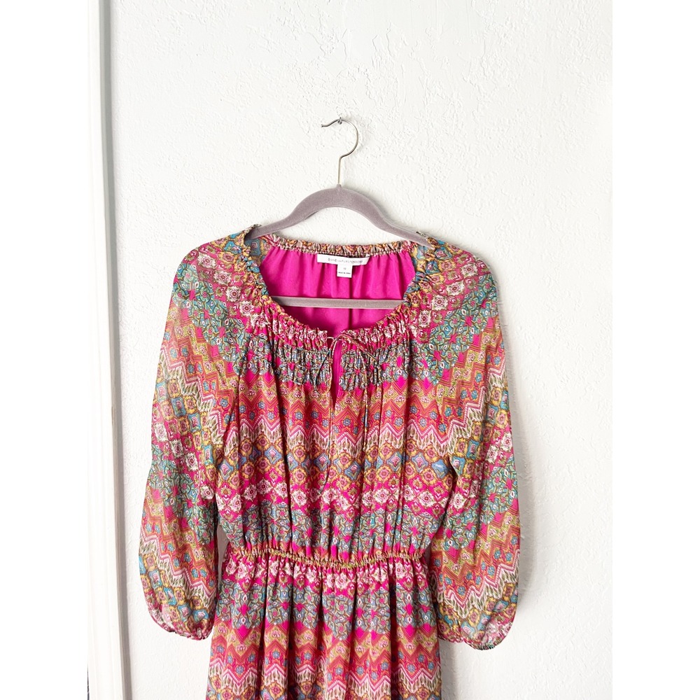 Diane von Furstenberg 100% Silk Pink Geometric Floral Print Peasant Dress 10 - Picture 2 of 9